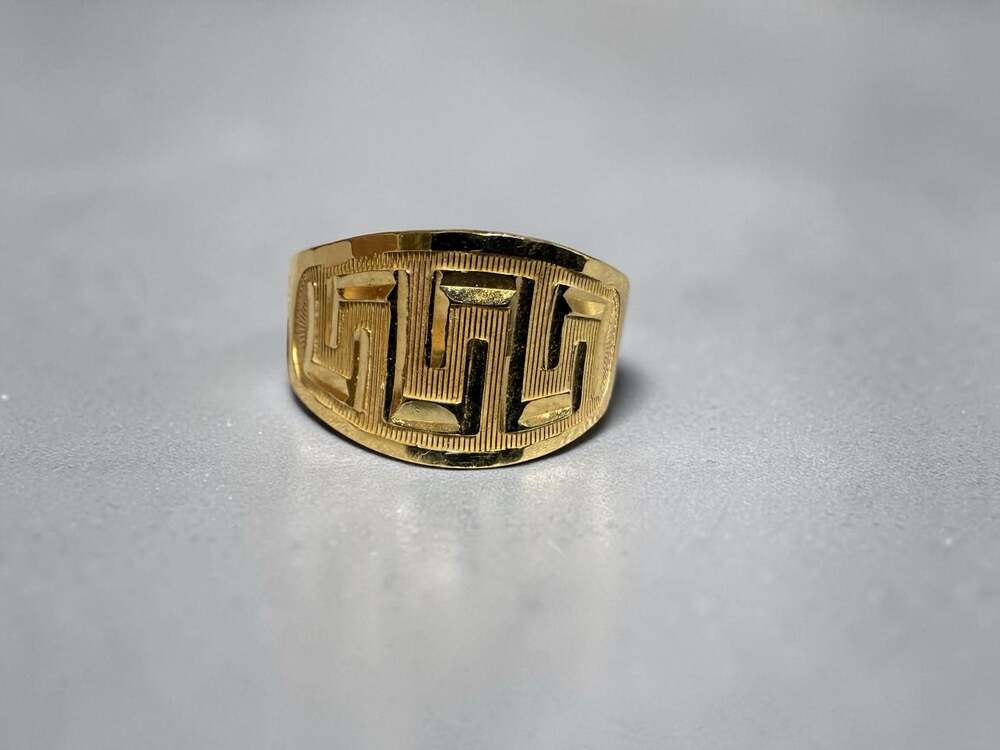 14K Yellow Gold Greek Key Meander Wide Concave Band Ring